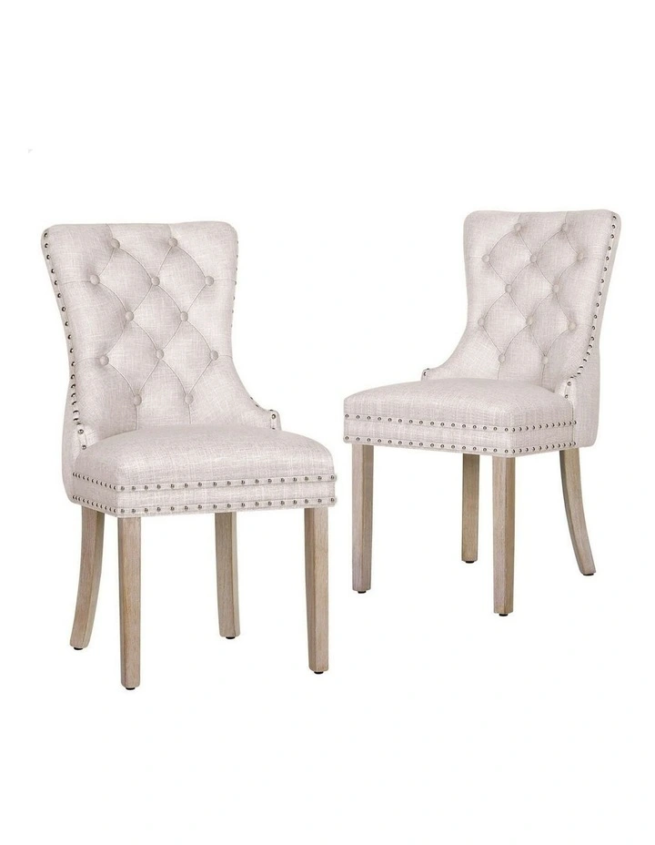 Retro Button Tufted Wooden Fabric Dining Chair 2x in Beige image 1