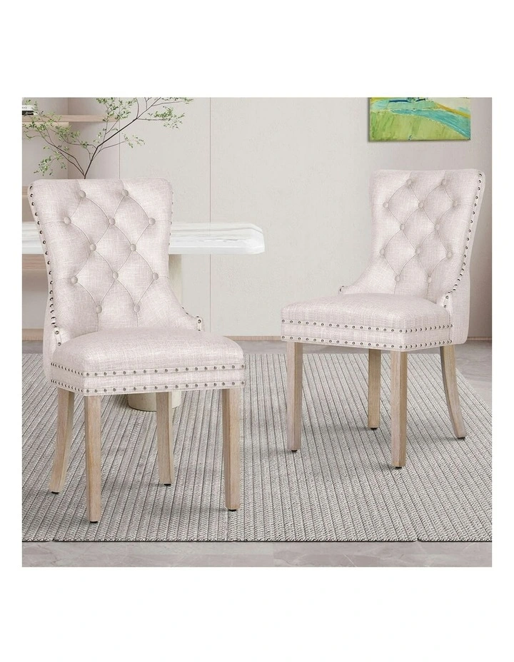 Retro Button Tufted Wooden Fabric Dining Chair 2x in Beige image 2