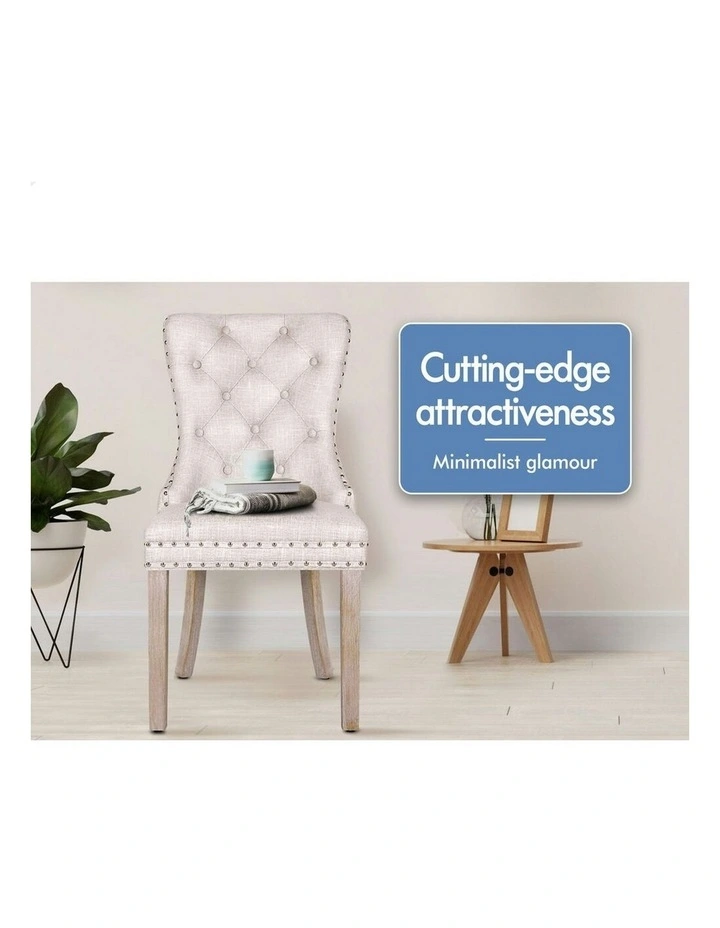 Retro Button Tufted Wooden Fabric Dining Chair 2x in Beige image 4