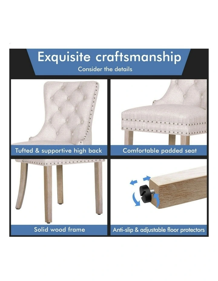 Retro Button Tufted Wooden Fabric Dining Chair 2x in Beige image 6