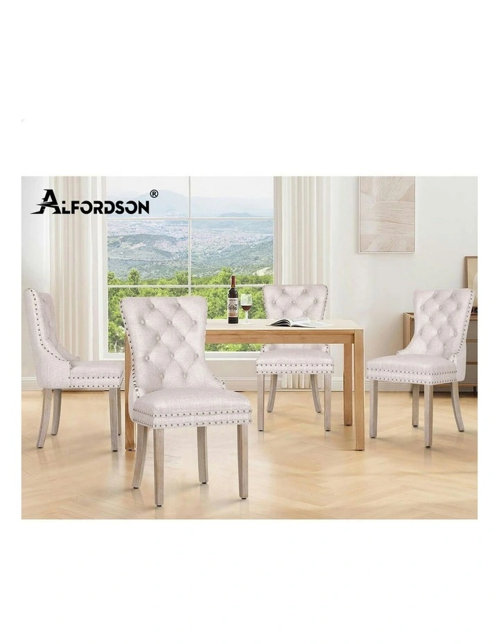 Retro Button Tufted Wooden Fabric Dining Chair 2x in Beige image 7