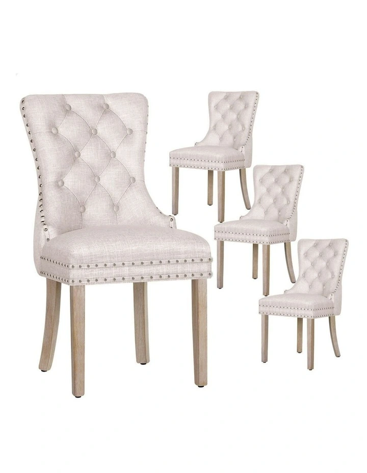 Retro Button Tufted Wooden Fabric Dining Chair 4x in Beige image 1