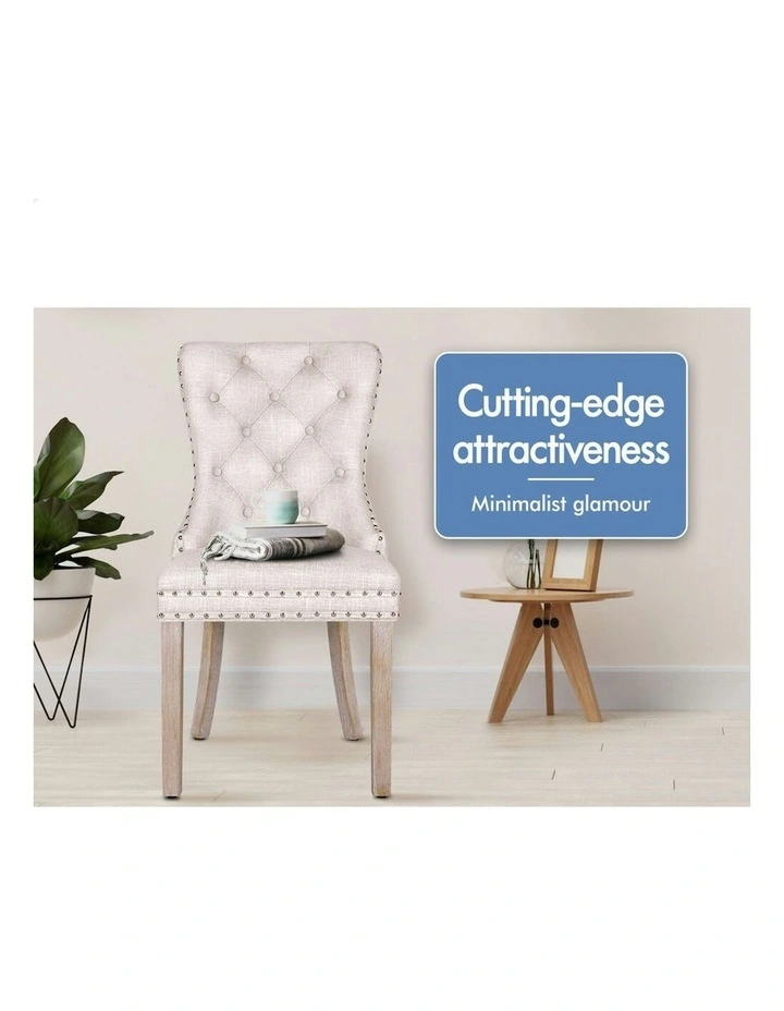 Retro Button Tufted Wooden Fabric Dining Chair 4x in Beige image 4