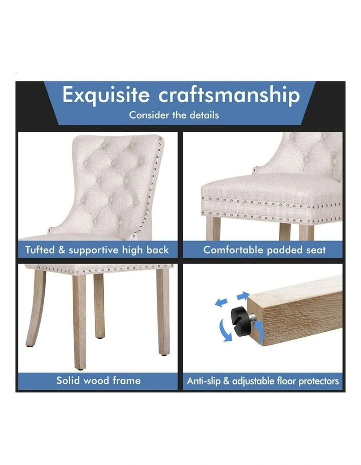 Retro Button Tufted Wooden Fabric Dining Chair 4x in Beige image 6