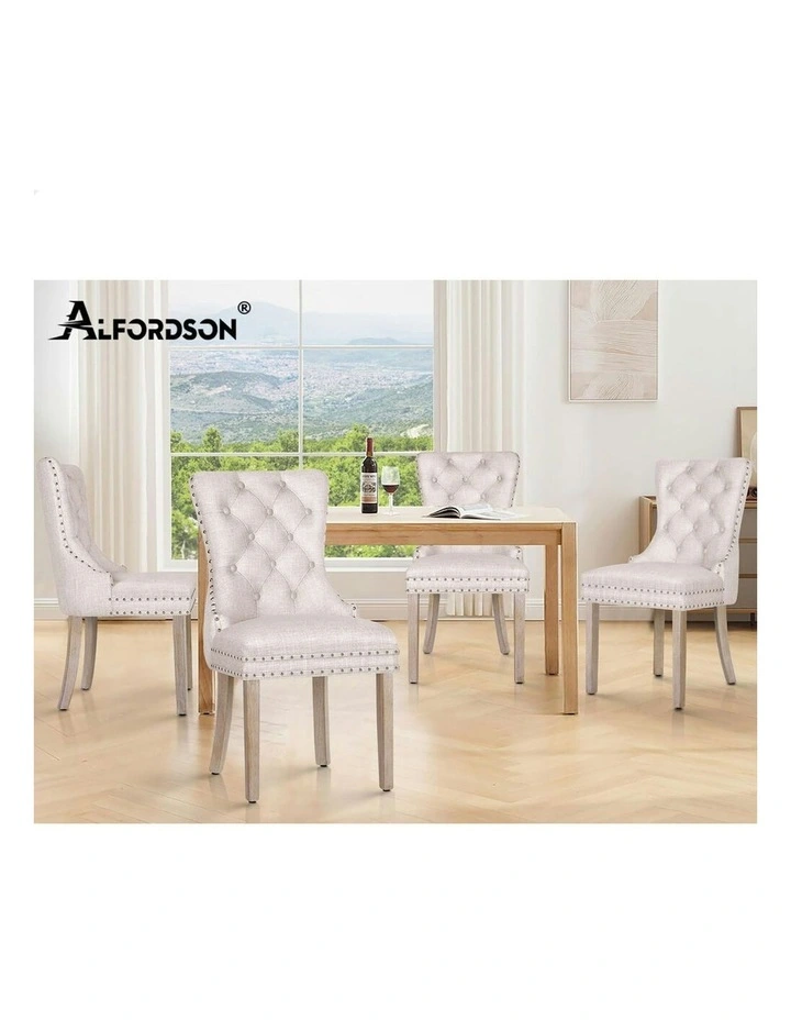 Retro Button Tufted Wooden Fabric Dining Chair 4x in Beige image 7