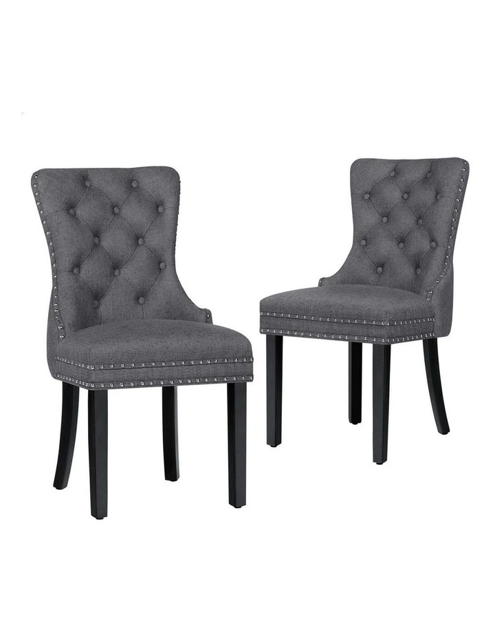 Retro Button Tufted Wooden Fabric Dining Chair 2x in Grey image 1