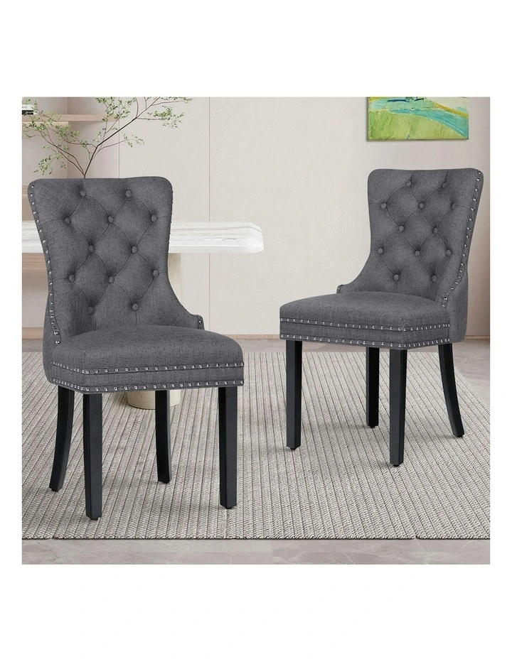 Retro Button Tufted Wooden Fabric Dining Chair 2x in Grey image 2