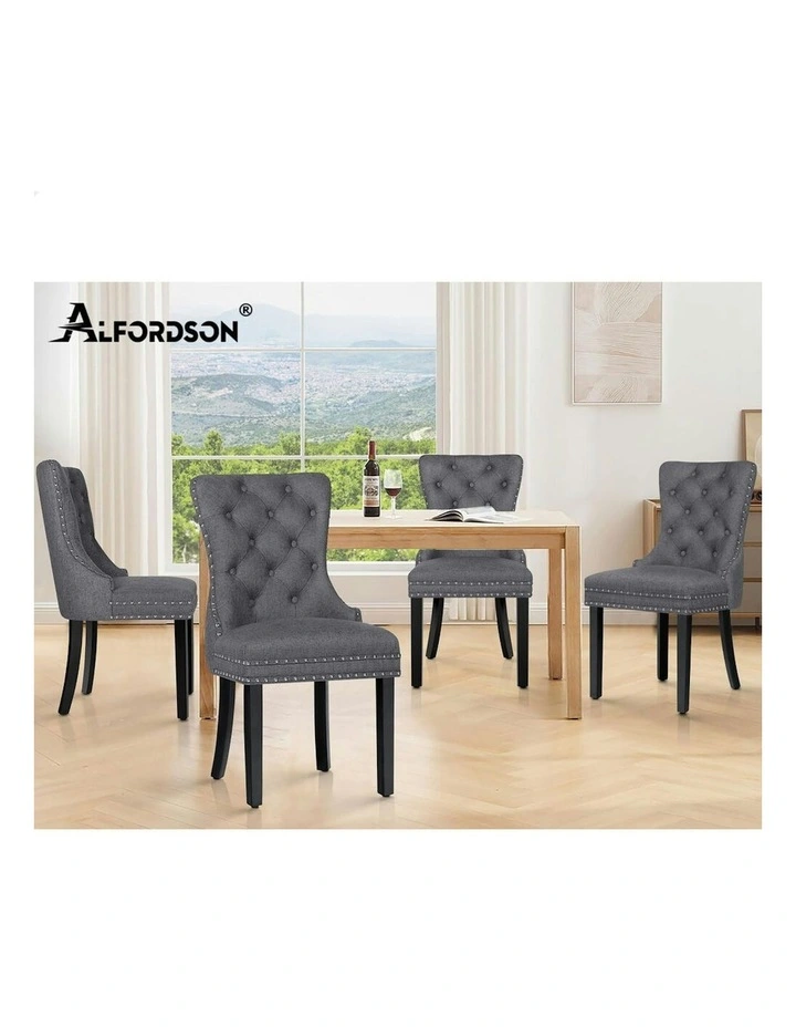 4x Retro Button Tufted Wooden Fabric Dining Chair in Grey image 7