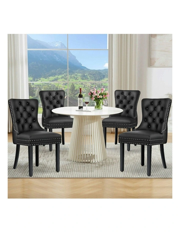 4x Retro Button Tufted Wooden Fabric Dining Chair in Black image 2