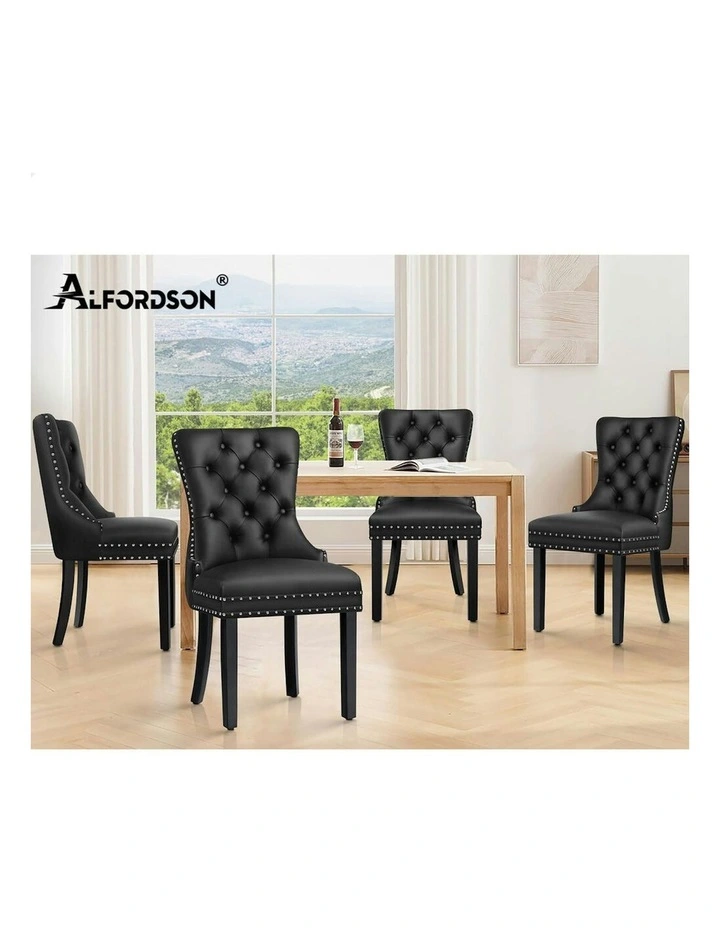 4x Retro Button Tufted Wooden Fabric Dining Chair in Black image 7