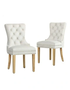 2x Retro Button Tufted Wooden Velvet Dining Chair in Beige