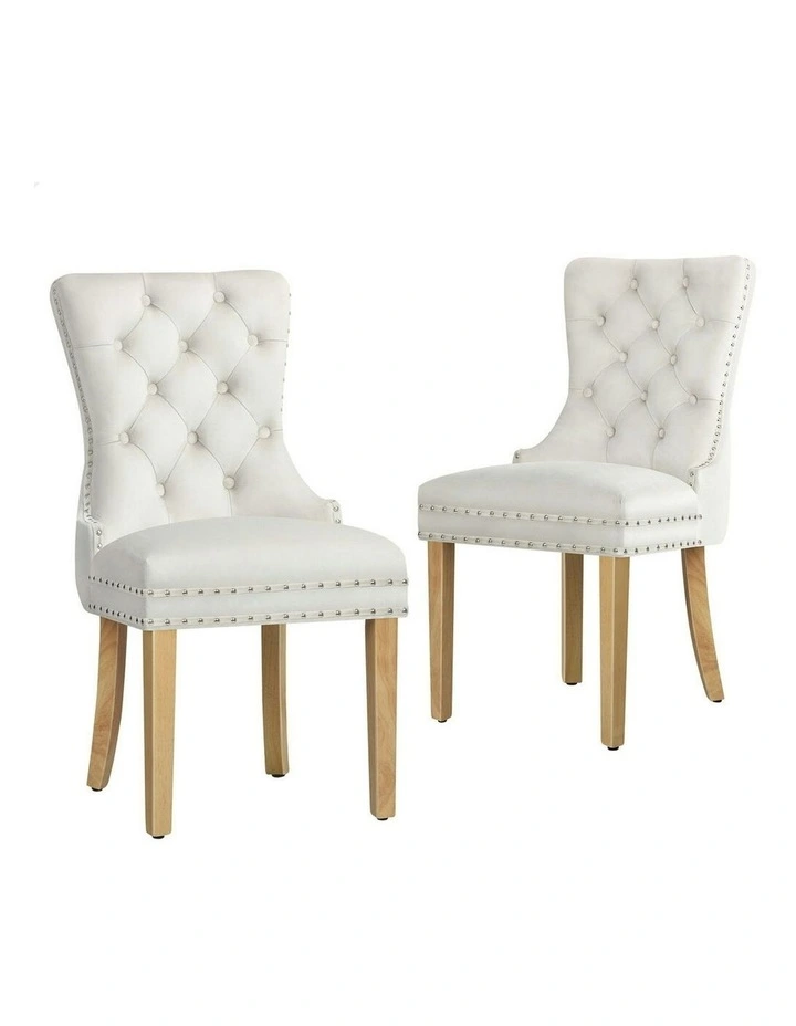 2x Retro Button Tufted Wooden Velvet Dining Chair in Beige image 1