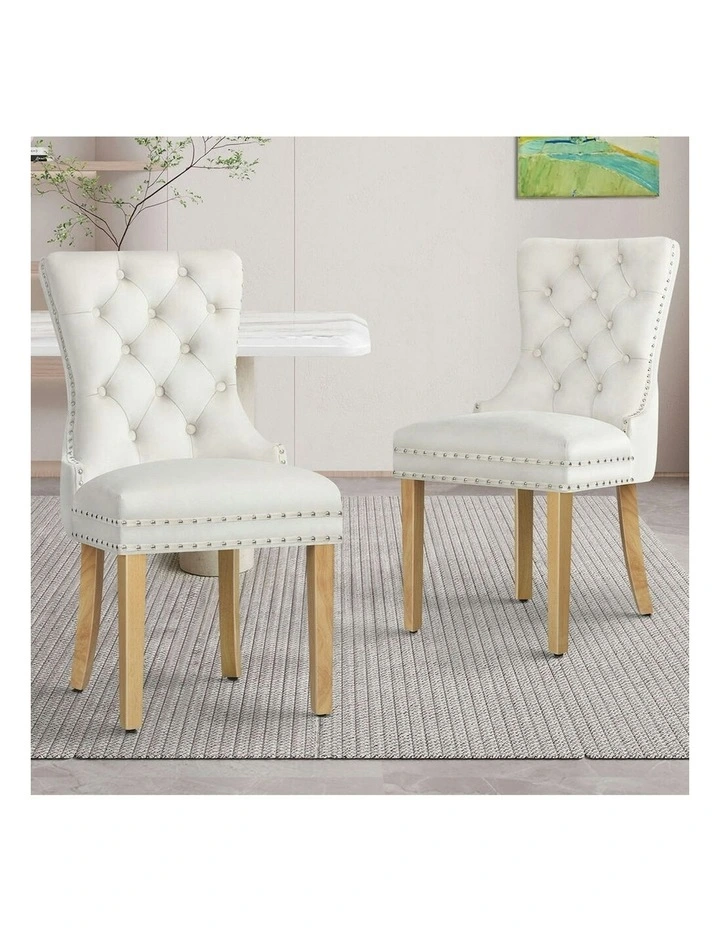 2x Retro Button Tufted Wooden Velvet Dining Chair in Beige image 2