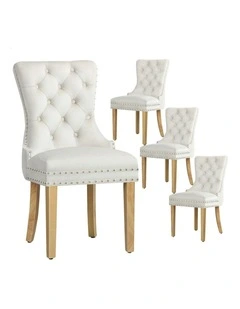 Retro Button Tufted Wooden Velvet Dining Chair 4x in Beige