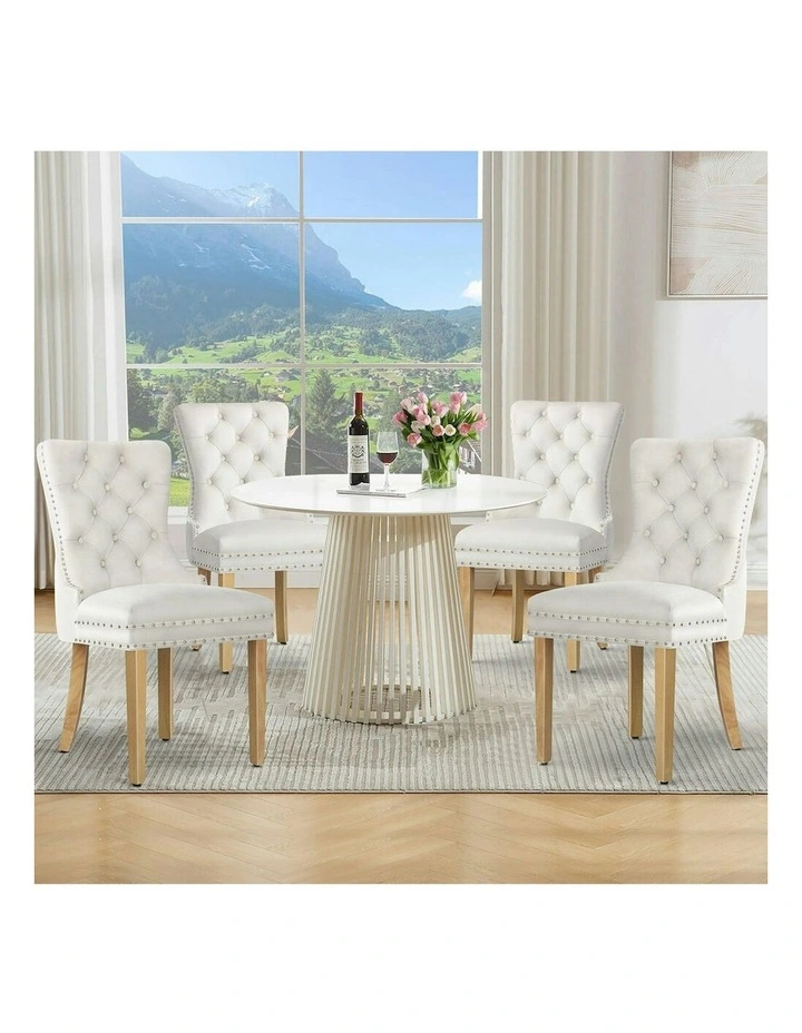 Retro Button Tufted Wooden Velvet Dining Chair 4x in Beige image 2
