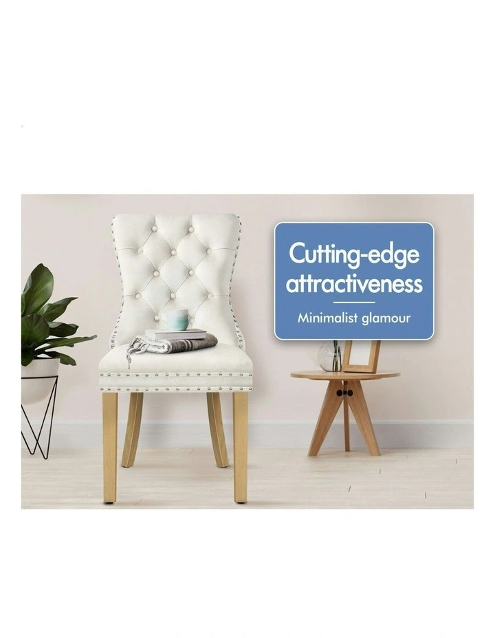 Retro Button Tufted Wooden Velvet Dining Chair 4x in Beige image 4