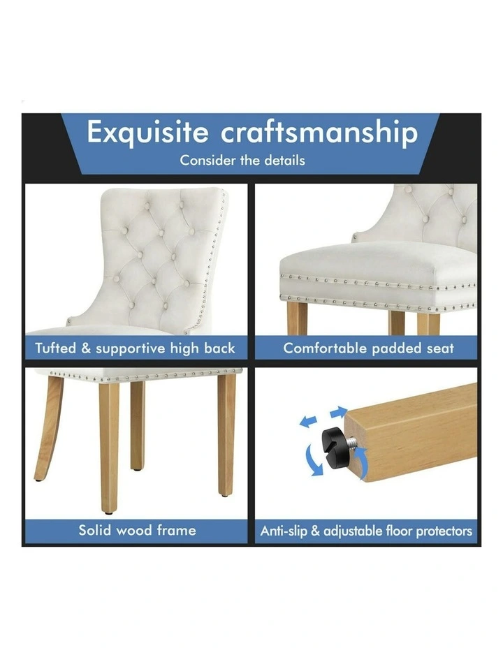 Retro Button Tufted Wooden Velvet Dining Chair 4x in Beige image 6