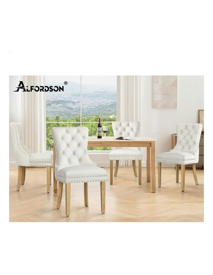 Retro Button Tufted Wooden Velvet Dining Chair 4x in Beige image 7