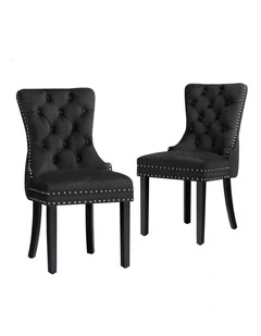 Retro Button Tufted Wooden Velvet Dining Chair 2x in Black