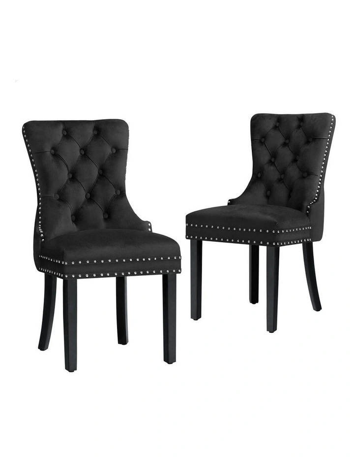 Retro Button Tufted Wooden Velvet Dining Chair 2x in Black image 1