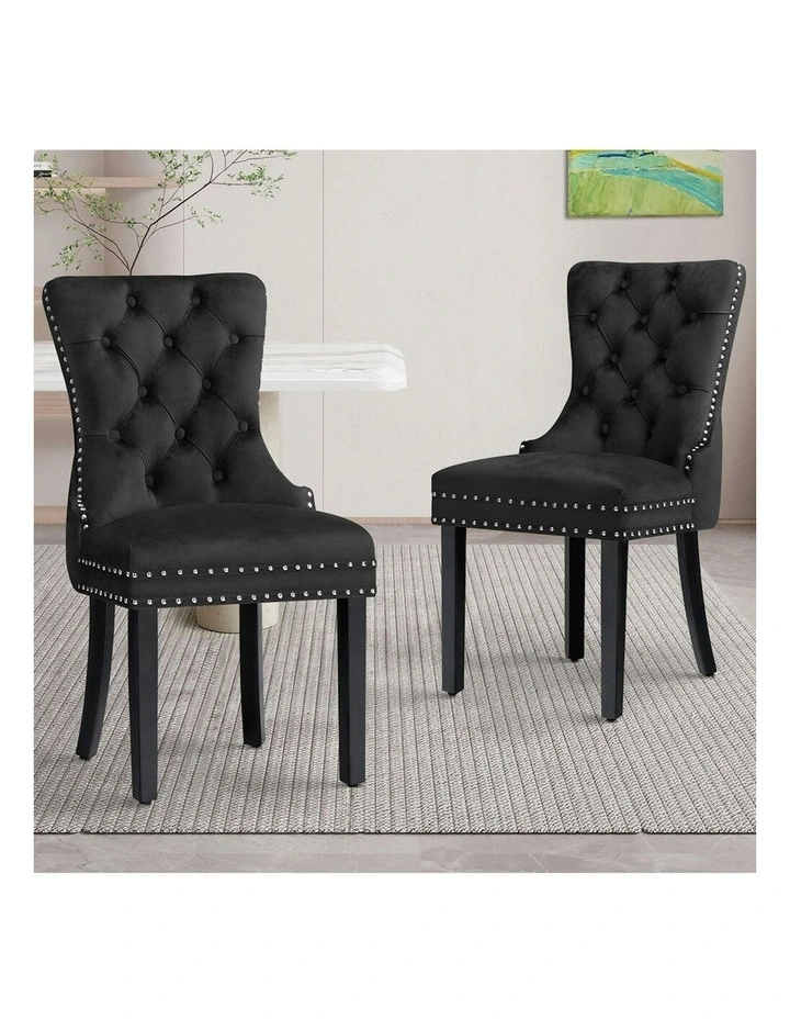 Retro Button Tufted Wooden Velvet Dining Chair 2x in Black image 2