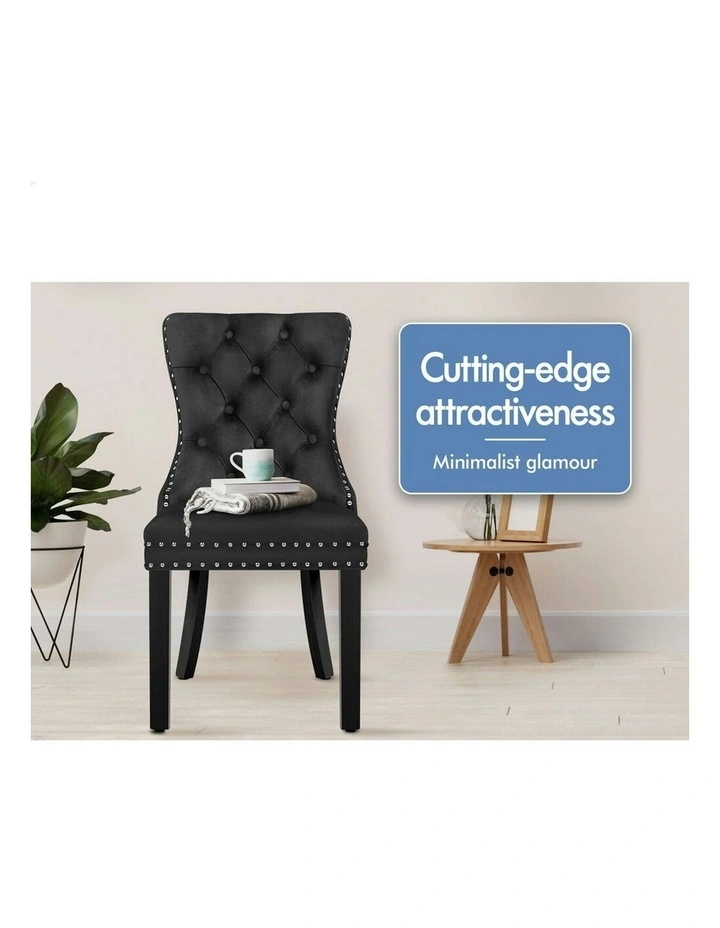 Retro Button Tufted Wooden Velvet Dining Chair 2x in Black image 4