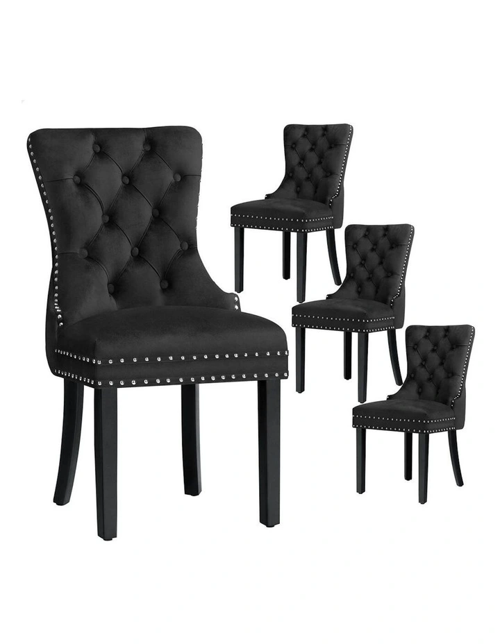 4x Retro Button Tufted Wooden Velvet Dining Chair in Black image 1