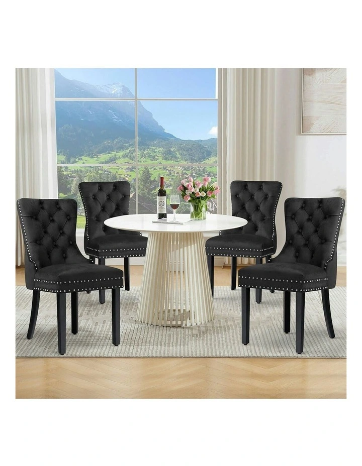 4x Retro Button Tufted Wooden Velvet Dining Chair in Black image 2
