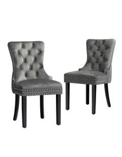 2x Retro Button Tufted Wooden Velvet Dining Chair in Grey