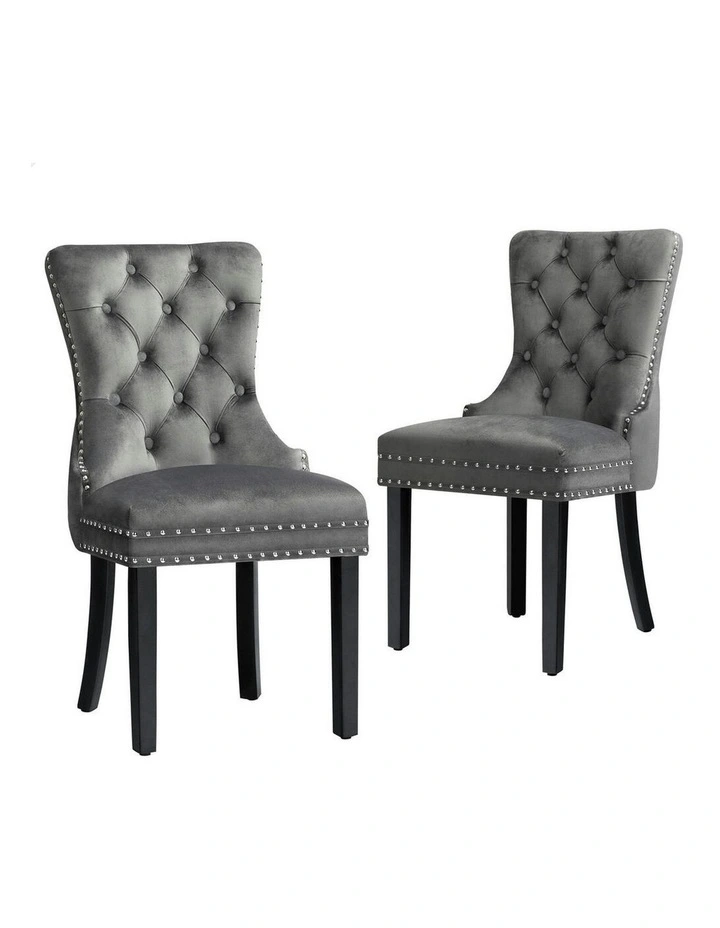 2x Retro Button Tufted Wooden Velvet Dining Chair in Grey image 1