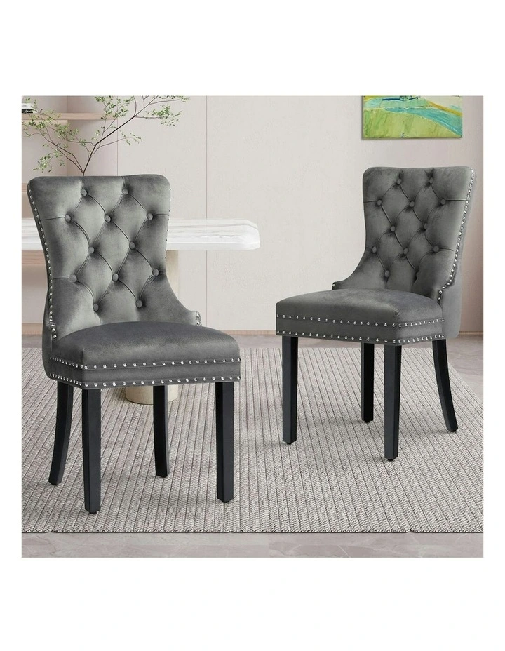 2x Retro Button Tufted Wooden Velvet Dining Chair in Grey image 2