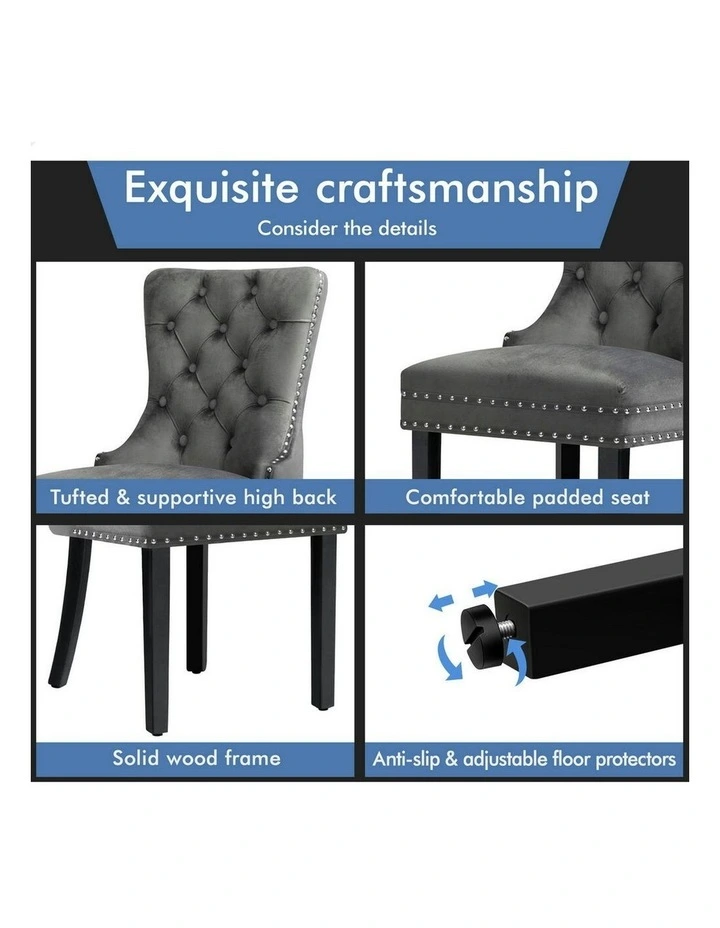 2x Retro Button Tufted Wooden Velvet Dining Chair in Grey image 6