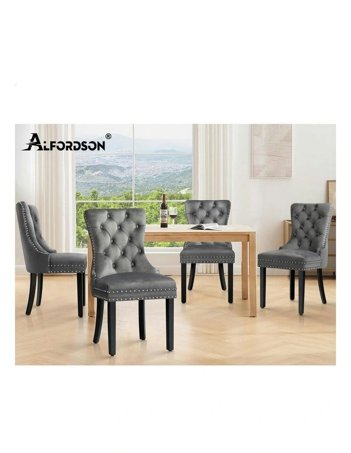 2x Retro Button Tufted Wooden Velvet Dining Chair in Grey image 7