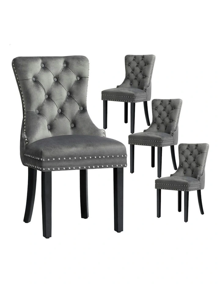 4x Retro Button Tufted Wooden Velvet Dining Chair in Grey image 1