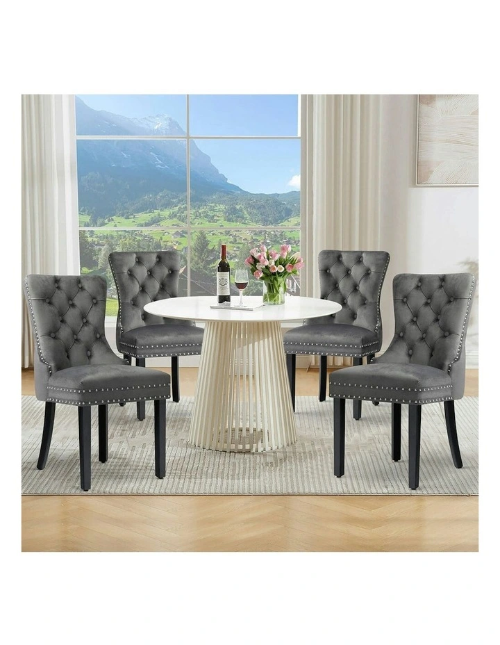 4x Retro Button Tufted Wooden Velvet Dining Chair in Grey image 2
