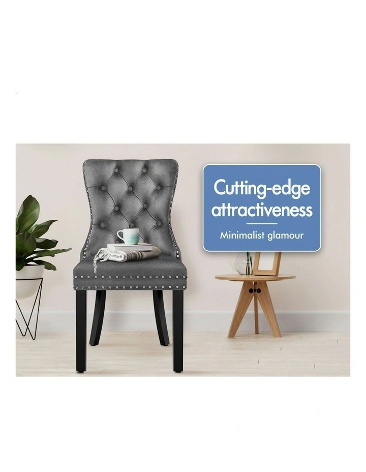 4x Retro Button Tufted Wooden Velvet Dining Chair in Grey image 4