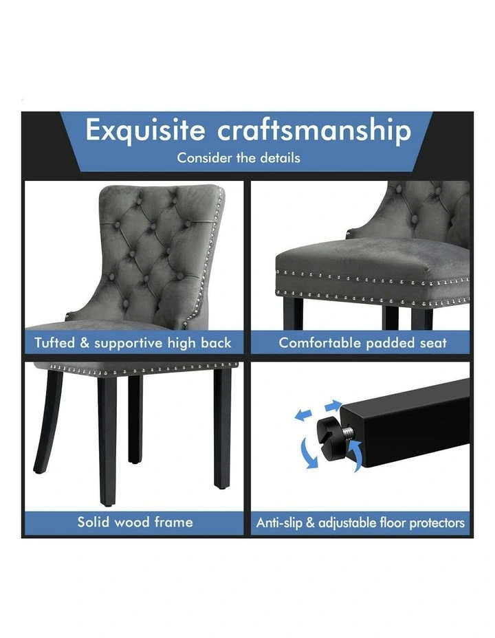 4x Retro Button Tufted Wooden Velvet Dining Chair in Grey image 6