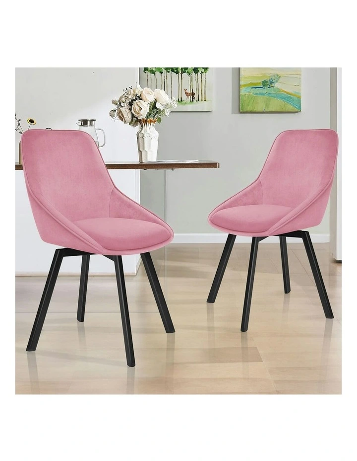 Accent Kitchen Swivel Lounge Padded Seat Velvet Dining Chairs x2 in Pink image 2