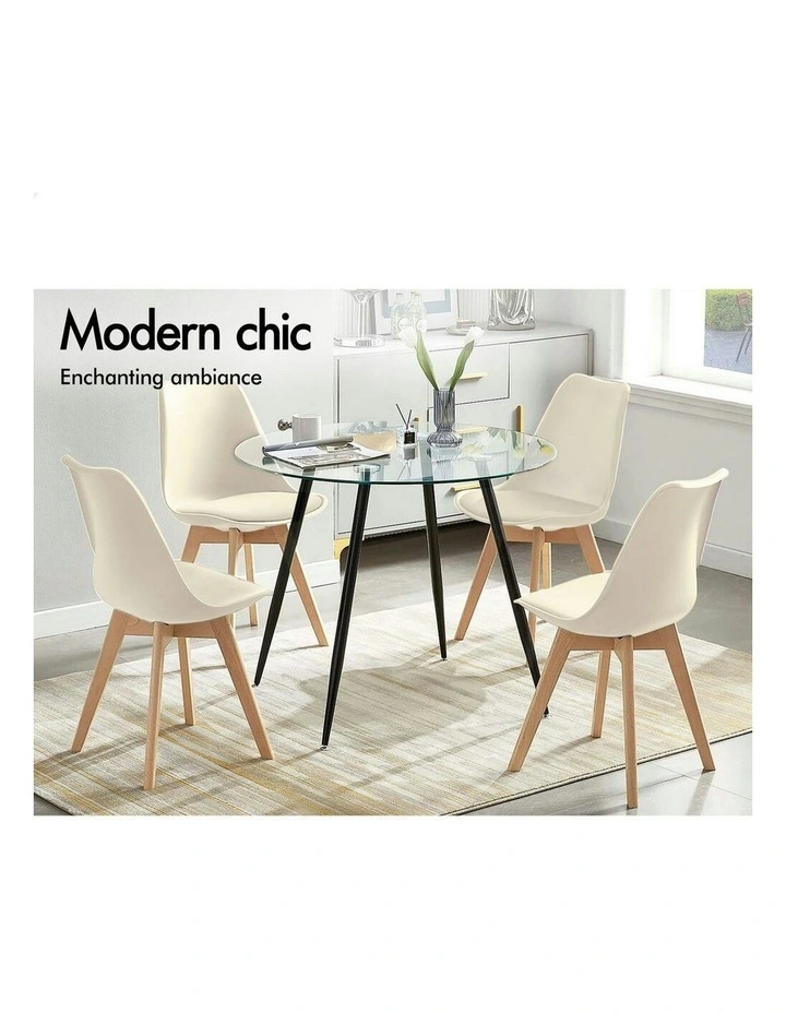 Padding Retro PU Leather Kitchen Lounge Wooden Dining Chairs x4 in Beige image 4