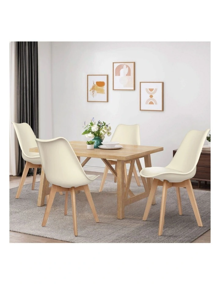 Padding Retro PU Leather Kitchen Lounge Wooden Dining Chairs x4 in Beige image 6
