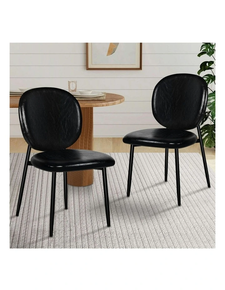 Accent Kitchen Lounge Curved Back Wooden Leather Dining Chairs x2 in Black image 2