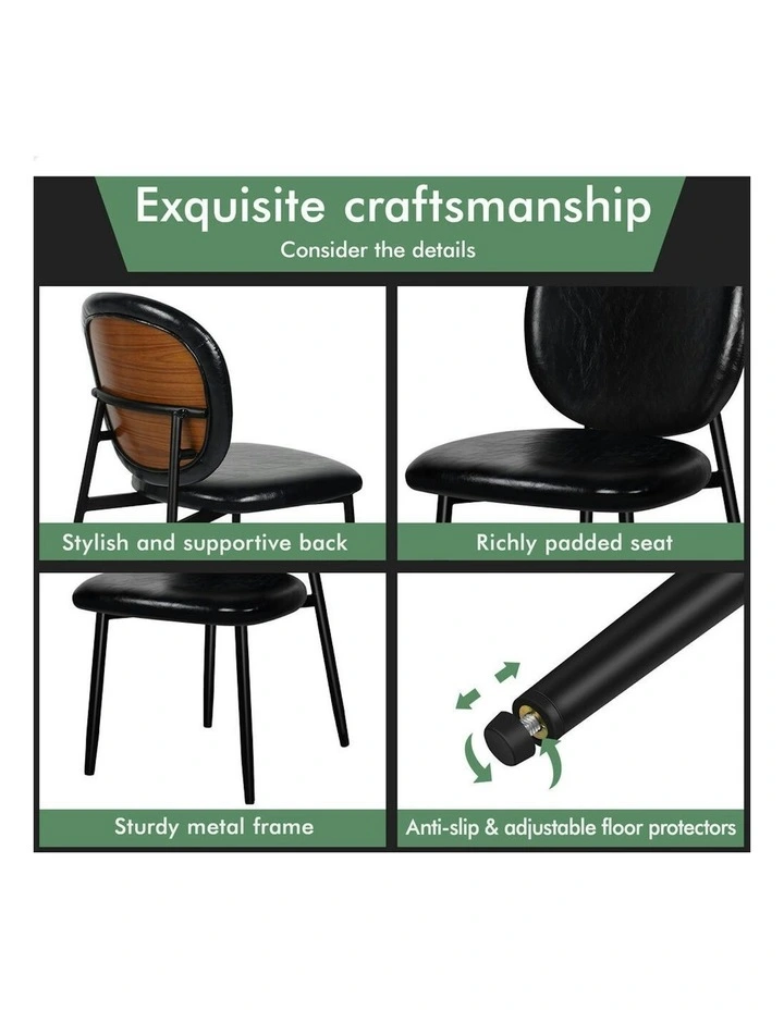 Accent Kitchen Lounge Curved Back Wooden Leather Dining Chairs x4 in Black image 6