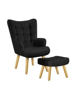 Wooden Armchair Accent Chair Ottoman Velvet in Black