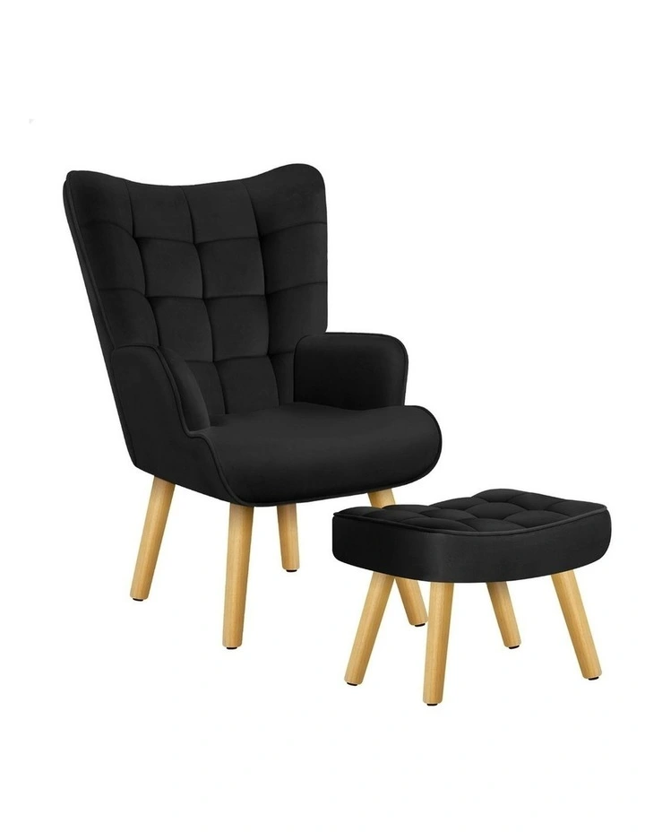 Wooden Armchair Accent Chair Ottoman Velvet in Black image 1