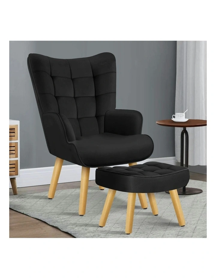 Wooden Armchair Accent Chair Ottoman Velvet in Black image 2
