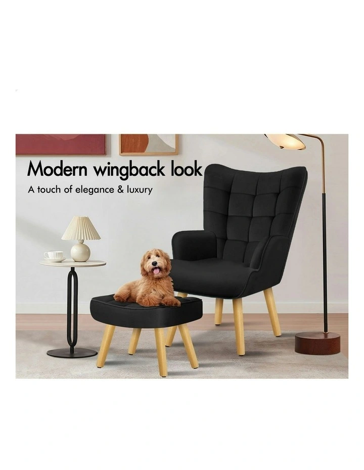 Wooden Armchair Accent Chair Ottoman Velvet in Black image 4