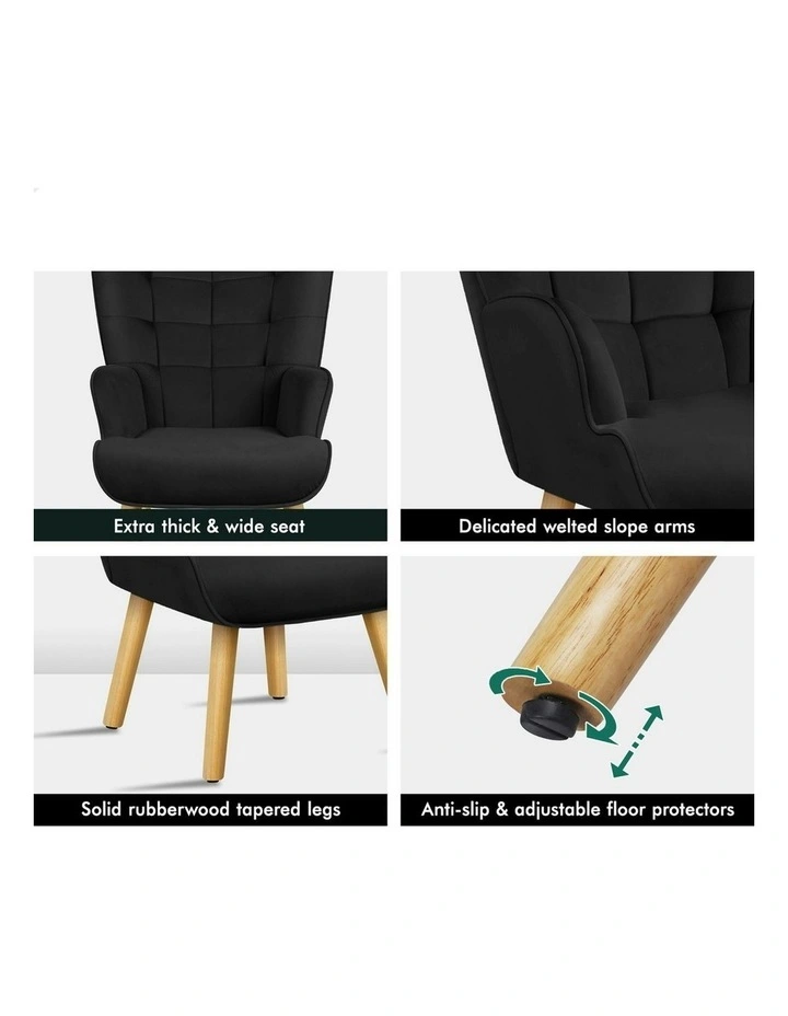 Wooden Armchair Accent Chair Ottoman Velvet in Black image 5