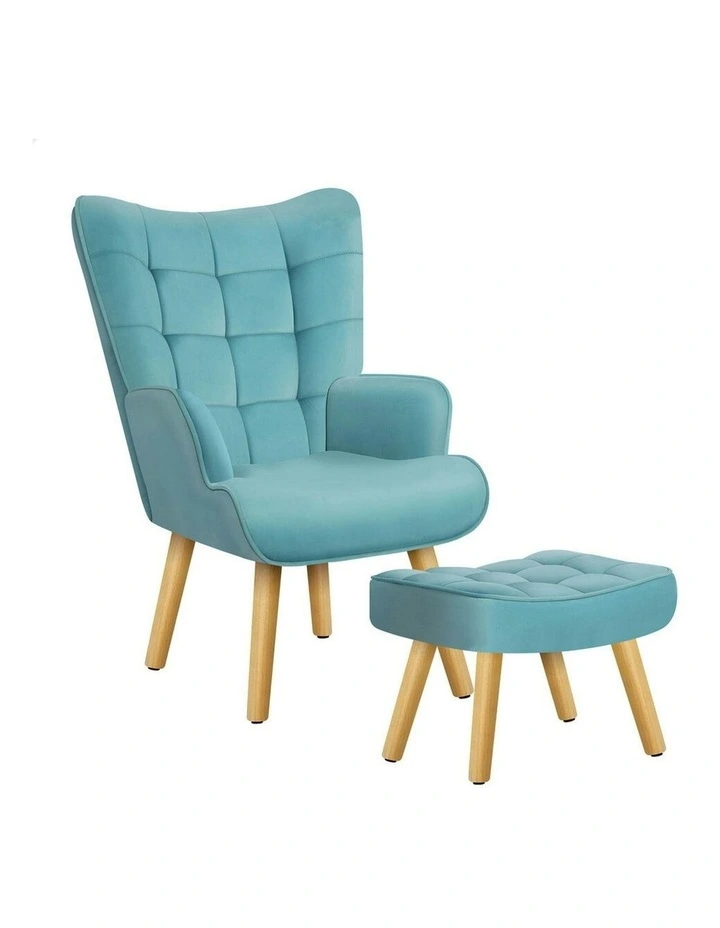Wooden Armchair Accent Chair Ottoman Velvet in Blue image 1