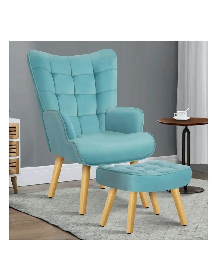 Wooden Armchair Accent Chair Ottoman Velvet in Blue image 2