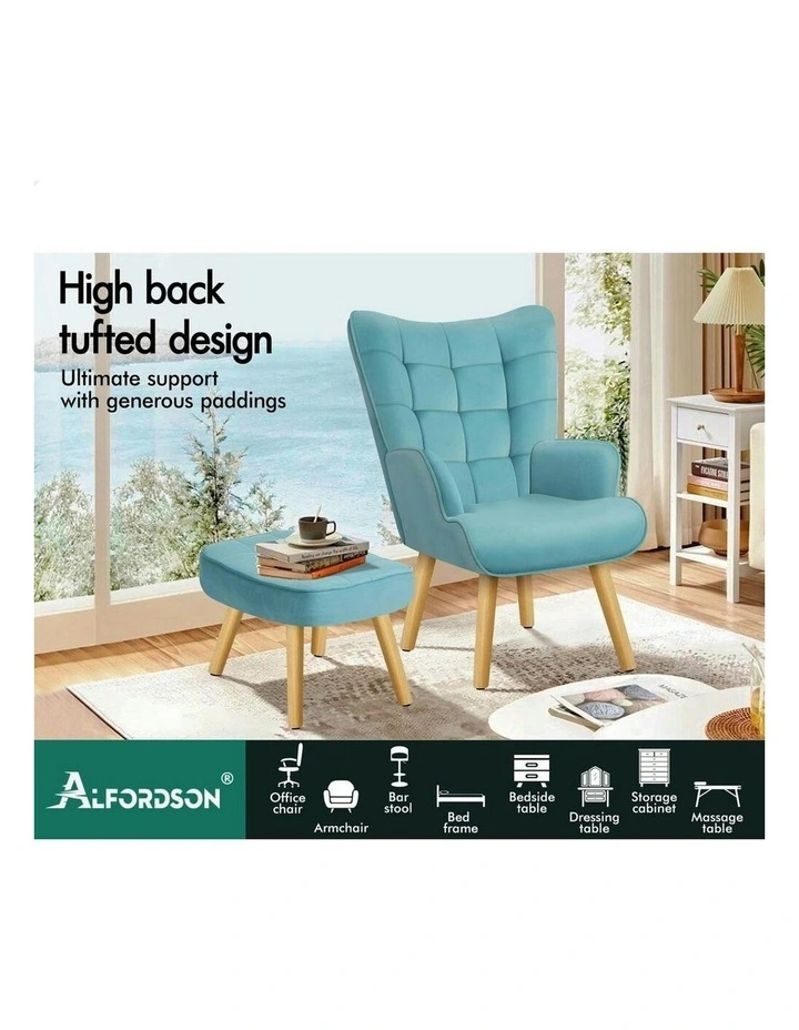 Wooden Armchair Accent Chair Ottoman Velvet in Blue image 3